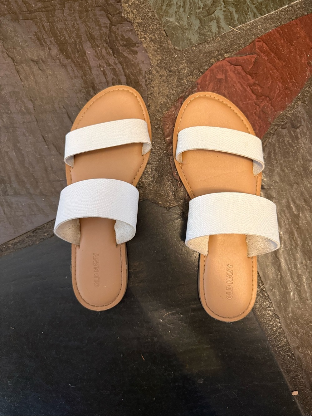 Old Navy White Double-Strap Slide Sandals with Tan Footbed